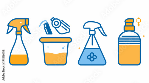 Flat vector icon set with blue outlines and orange infill, representing cleaning supplies