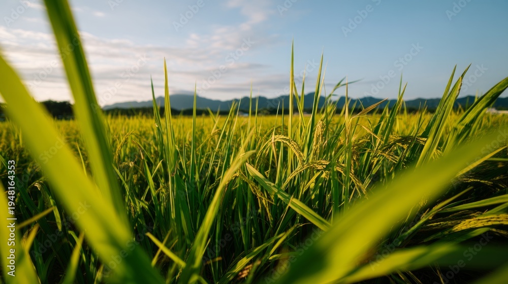 Obraz premium Vibrant Green Rice Field at Twilight with Mountain Backdrop and Cool Climate