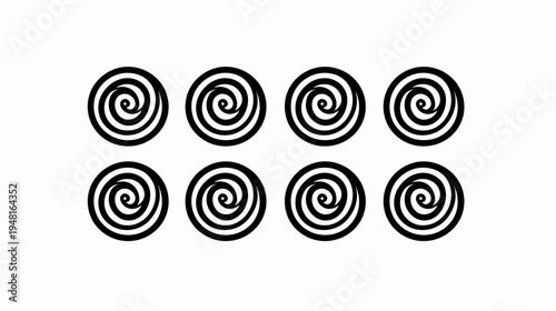 Eight black circular spirals are arranged in a two-by-four grid on a white background