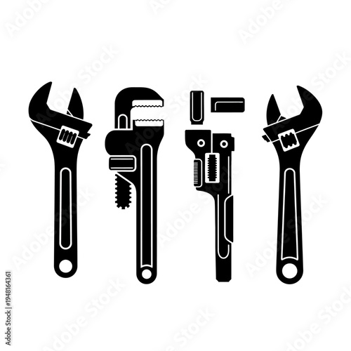 Set of Adjustable Wrenches and Pipe Wrenches Silhouette Vector Illustration