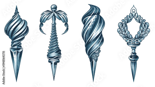 Four ornate, blue-tinted scepters with varying spiral designs and jeweled accents on white