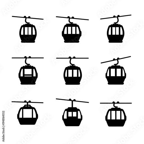 Set of Cable Car Icons, Ropeway Gondola Silhouettes, Transportation Graphics