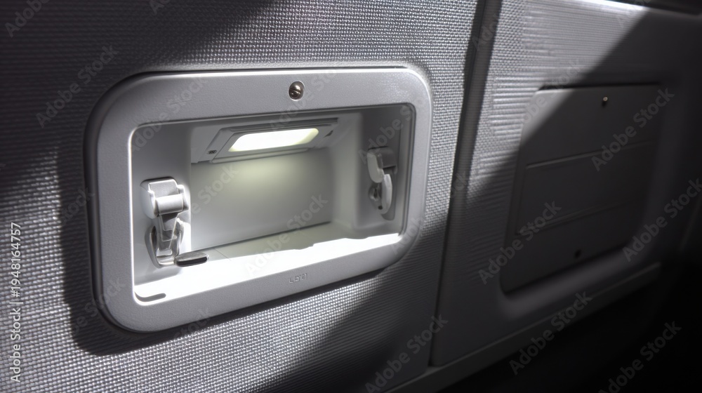 Fototapeta premium Close-up of a robust metal aircraft fuselage access panel latch with illuminated interior compartment