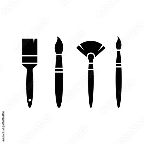 Set of Four Paint Brushes Icons, Black Silhouette on White Background
