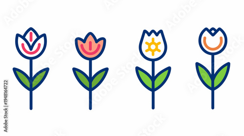 Four simple, stylized flowers with rounded petals, leaves, and stems on white