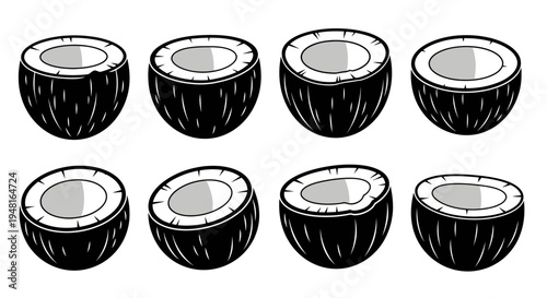 Set of Halved Coconuts, Tropical Fruit, Line Art Illustration