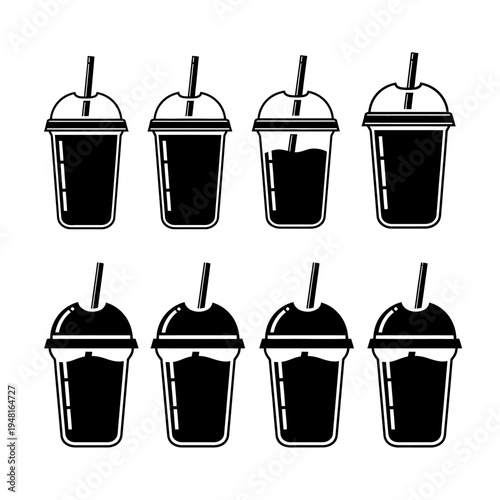 Set of Iced Coffee Cups with Straws - Vector Icons