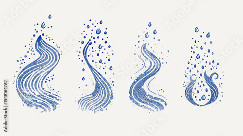Four watercolor blue water flows with splatters and drips on a white background