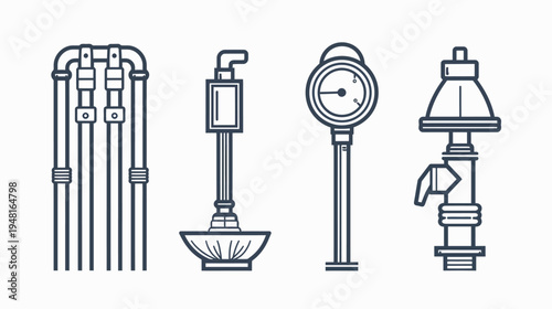 Line art of pipes, valves, a gauge, and a spout. Vector illustration on white background