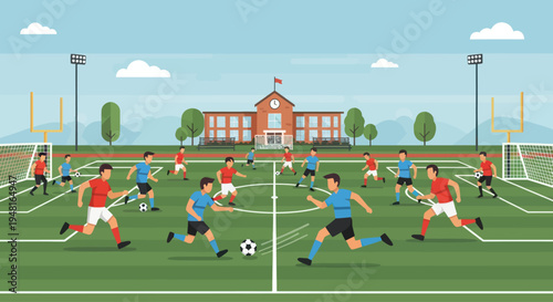 School Soccer Game on Green Field with Stadium Lights and Building