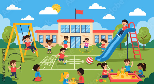 Children playing on school playground with slide, swings and sandbox on sunny day
