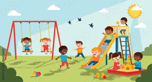 Diverse children playing on playground equipment, slides, swings, and sandbox in sunny day.