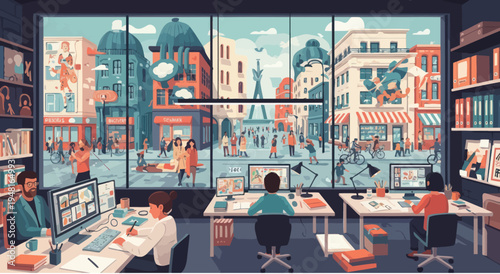 Creative Studio Office with Parisian City View & Designers Working