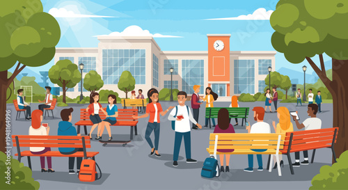 Diverse students socializing on campus, university courtyard, sunny day, modern school building