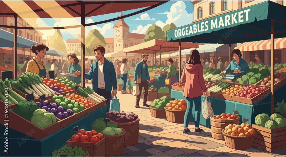 Obraz premium Vibrant Outdoor Farmers Market with Fresh Produce and Shoppers