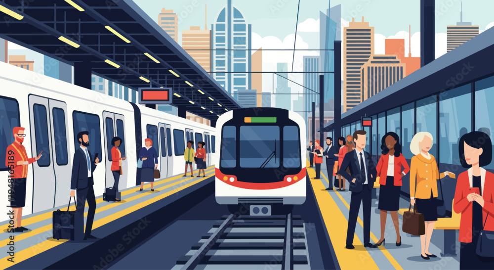 Obraz premium Modern city train station with diverse commuters waiting for public transport.