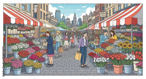 Vibrant flower market on a sunny day in a bustling city street with people
