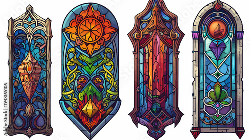 Four stylized, ornate stained glass windows with intricate designs and colorful patterns