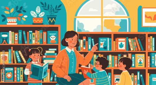 Teacher reading to children in library, colorful illustration, education and learning concept