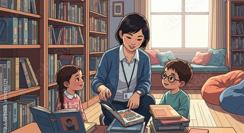 Librarian teaching children reading in cozy library with bookshelves and bean bags