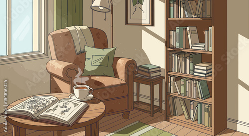 Cozy reading nook with armchair, bookshelf, and steaming cup of tea by sunny window