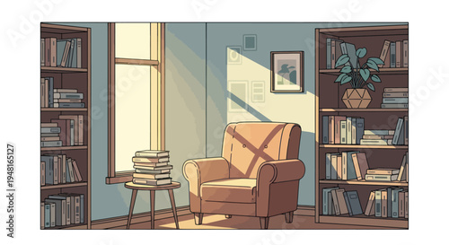 Cozy Reading Nook: Armchair, Bookshelves, Sunlight Through Window