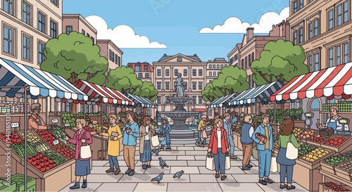 Bustling Outdoor Market Scene with People Shopping at Stalls