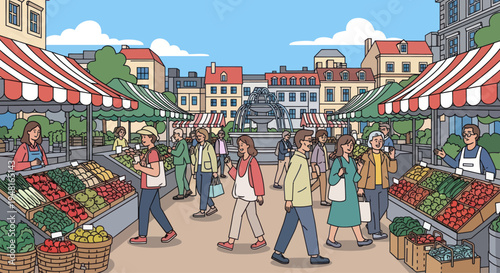 Bustling Outdoor Market Scene with People Shopping for Produce and Goods