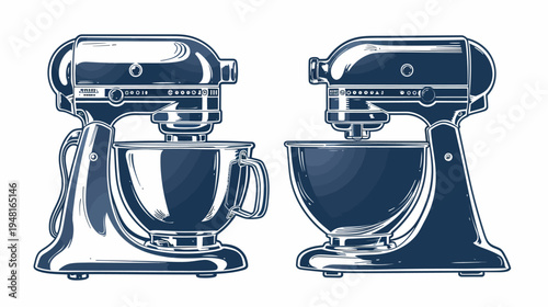 Two navy blue stand mixers with bowls, facing opposite directions on a white background