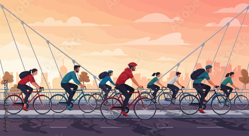 Cyclists riding bicycles on a bridge at sunset, urban cityscape background