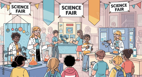 Children Presenting Science Fair Projects with Teachers and Exhibits