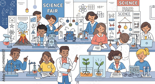 Diverse students showcase science fair projects, exploring chemistry, biology, and physics with enthusiasm and curiosity.