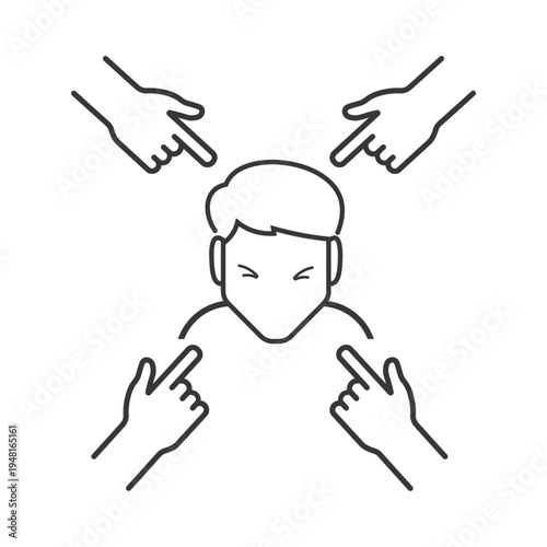 Isolated outline pictogram of stressed person surrounded by pointing fingers symbolizing blame, bullying, social pressure, harassment, and emotional distress concept