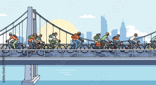 Diverse group of cyclists on a bridge overlooking city skyline at sunrise