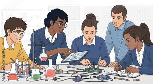 Diverse students collaborate on STEM project with circuits, beakers, and tablet