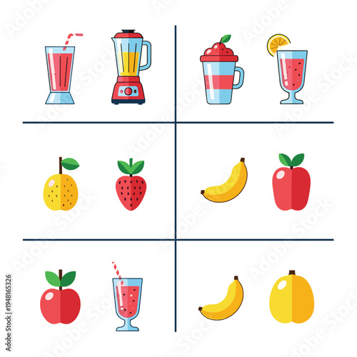 Collection of flat design icons featuring fresh fruits and healthy drinks.
