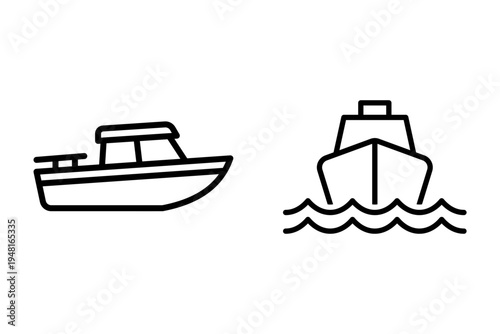Two minimalist line art icons of boats on water, one side view and one front view, representing marine transportation and watercraft