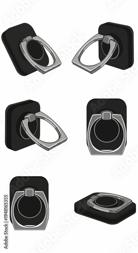 Smartphone Ring Holder Stand - Black and Silver - Multiple Angles