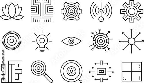 Black and white technology innovation icon set featuring abstract symbols of gears, circuits, wireless signals, magnifying glass, microchip, and creativity