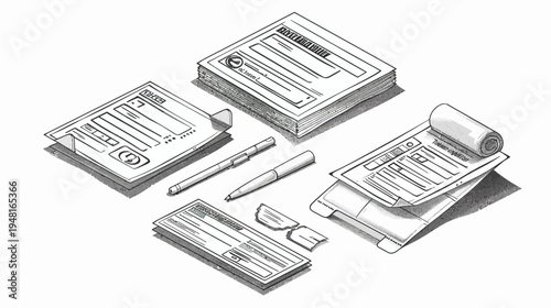 Isometric sketch of forms, pens, and checkbook showing paperwork, office, and finance