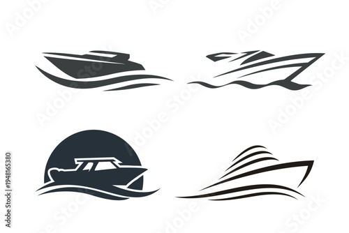 Set of four sleek boat icons with abstract waves, perfect for marine or travel themes