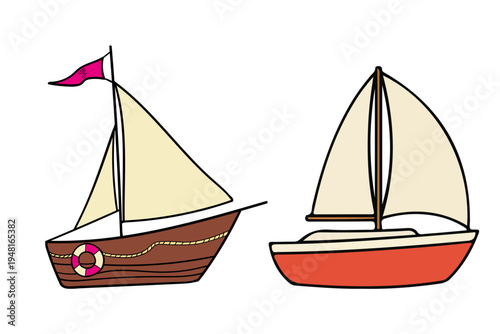 Whimsical cartoon sailboats vector illustration, a charming set of two distinct maritime vessels with sails, ideal for children's designs, summer travel, and hobby projects