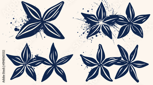 Four sets of navy stylized star shapes with splatters on an off-white background