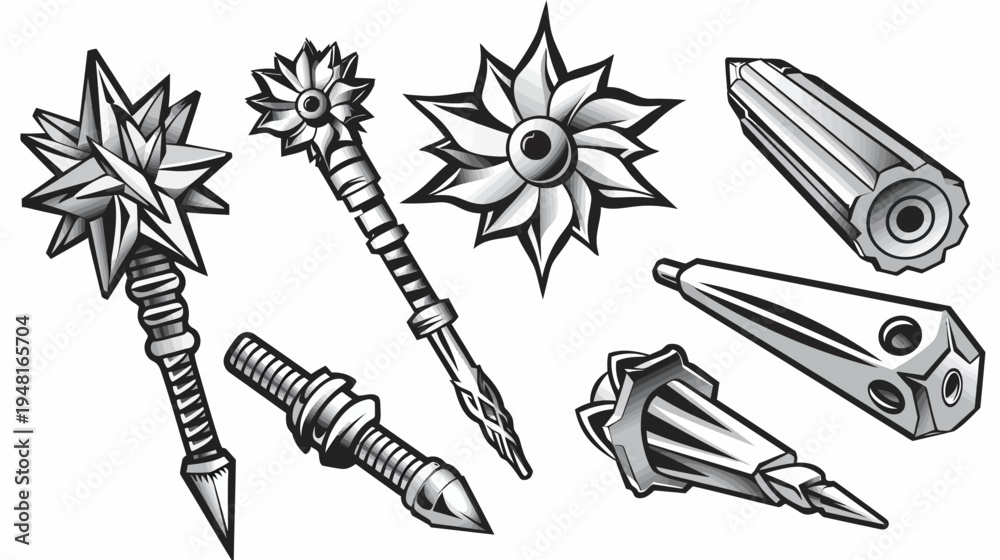 Fototapeta premium Black-and-white illustration of fantasy maces and other blunt weapon designs, various shapes