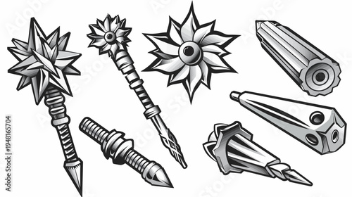 Black-and-white illustration of fantasy maces and other blunt weapon designs, various shapes