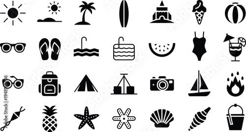 Summer beach vacation icons set, travel holiday symbols including sun palm surfboard cocktail camera camping seaside vector collection