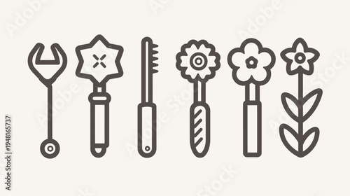Row of abstracted tool-like shapes and floral designs in brown outline on a plain background