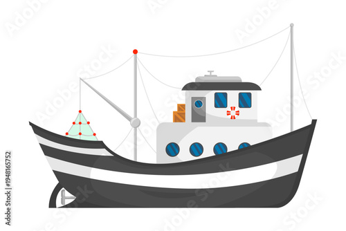 Charming Retro Style Fishing Boat Illustration with Distinctive Striped Hull and Detailed Fishing Net, an Isolated Vector Graphic Representing Marine Life and Industry