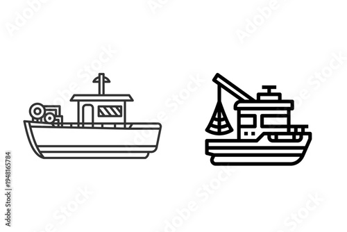 Outline illustrations of a simple fishing boat and a crane vessel