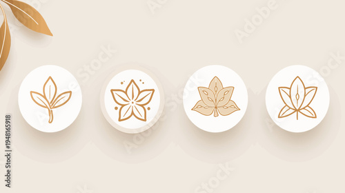 Simple beige background with gold leaf icons in white circles
